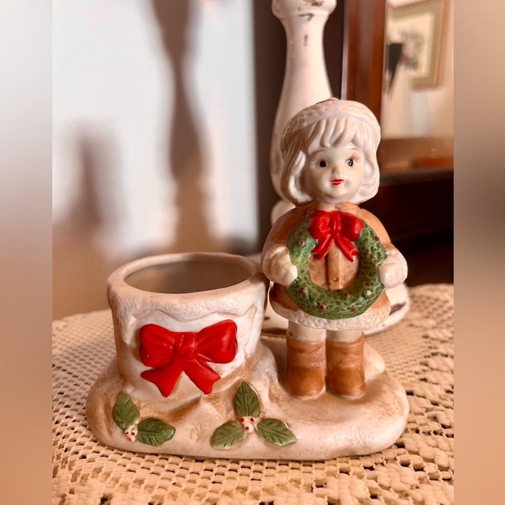 Vintage Christmas Votive or Tealight Candleholder • girl holding wreath •